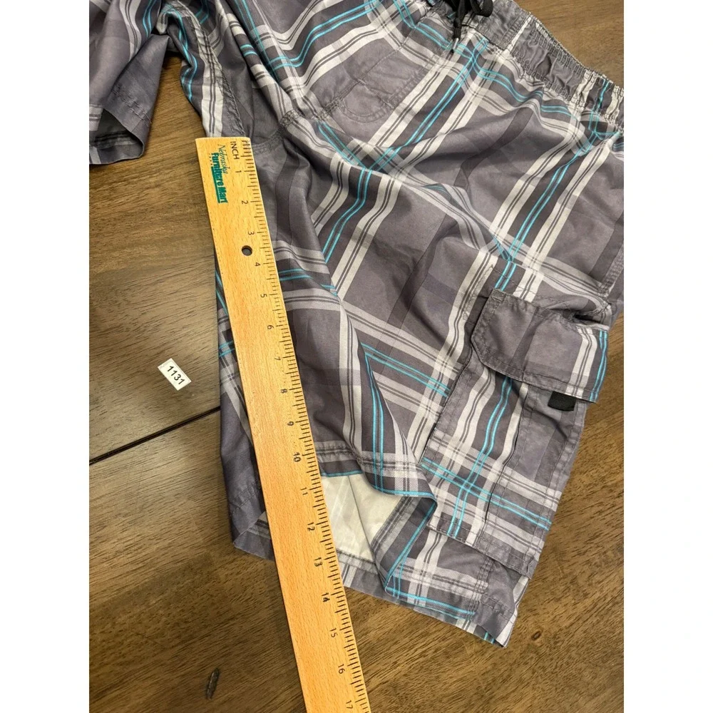 Kanu Surf Mens Grey Turquoise Plaid Cargo Board Shorts Swim Trunks Size L